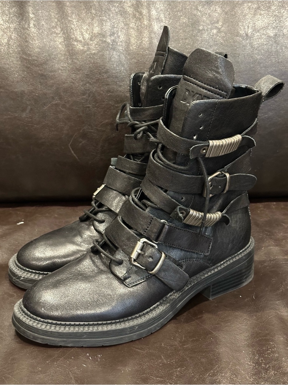 DKNY Ita strappy combat boots in black leather 7.5 festival boot bikercore